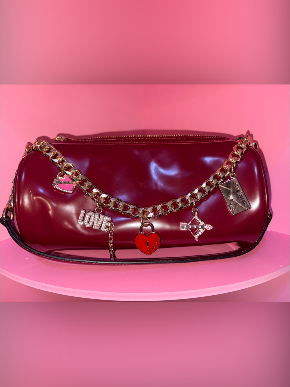 Juicy Couture Burgundy Patent Shoulder Bag with Gold Chain Charms